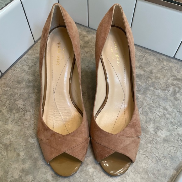 kate spade Shoes - Kate Spade Tan Suede Crossover Wedge Pumps